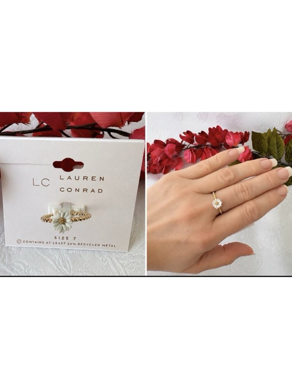 LC LAUREN CONRAD Dainty White Daisy Flower SIZE 7 Ring Goldtone Summer NEW
